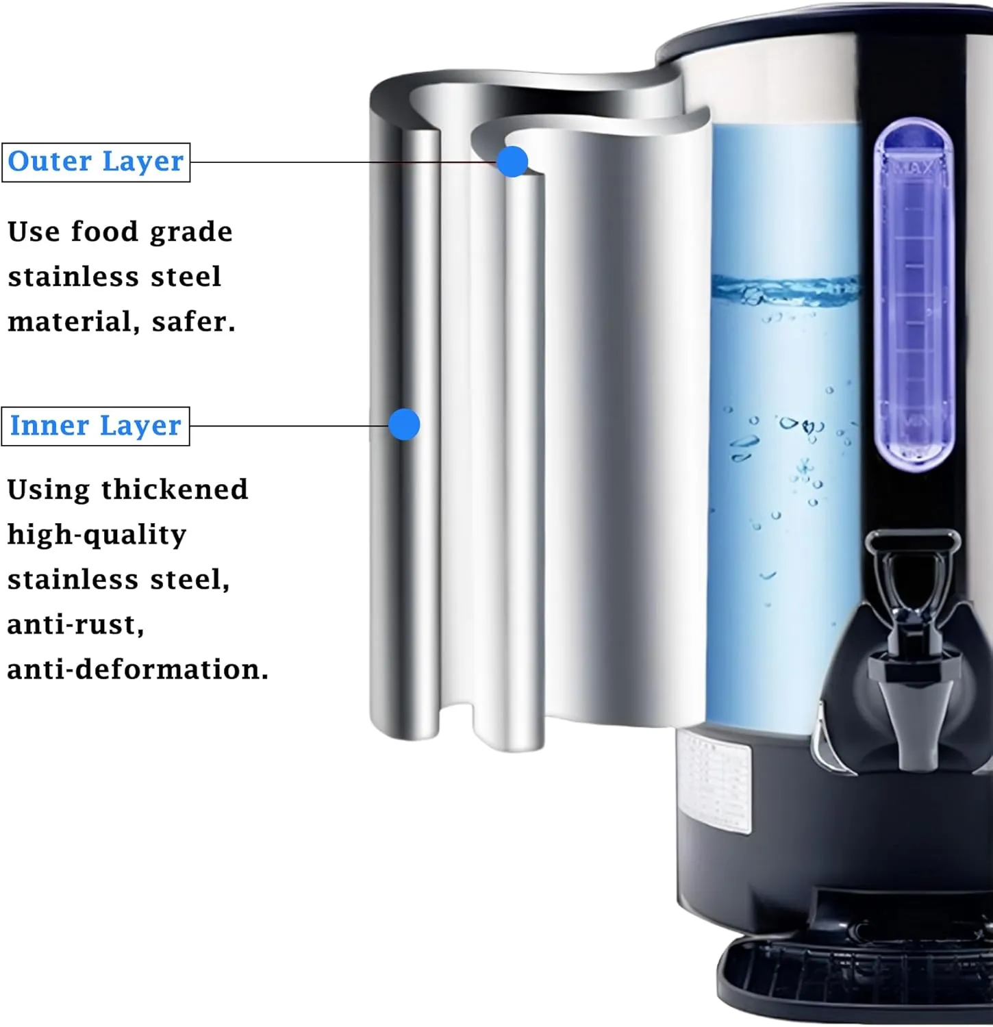 Commercial Electric Kettle Warmer Stainless Steel Hot Water Dispenser Hot Water Boiler And Warmer with Faucet Quick-Temp or Boil for Tea Coffee 1500W 12.9 Liter Capacity