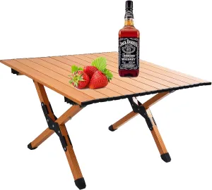 Compact and Portable Aluminum Alloy Picnic Table, Rollable Top with Folding Frame for 4-6 People, Brown and White