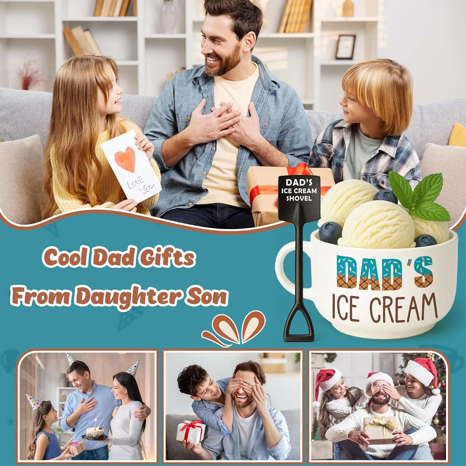 Cool Fathers Day Dad Gifts from Daughter, Novelty Dads Gift for Daddy Dada Father Papa Pop Birthday from Son, Unique New Dad gifts from Wife, Dad's Ice Cream Bowl Presents Set