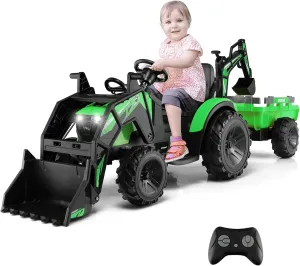Costzon 3 in 1 Ride on Excavator Bulldozer Tractor 12V Battery Electric Vehicle W/Remote Control, Trailer, Shovel, Digger, LED Lights, MP3 & USB, Kids Excavator Ride on Car for Kids 37  Months(Green)