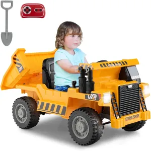 Costzon Kids Ride on Dump Truck, 12V Ride on Car w/Remote Control, Electric Dump Bed, Shovel, Treaded Wheels, Music, Story, MP3 & USB, Soft Start, 2 Speeds, Construction Vehicle for Kids (Yellow)
