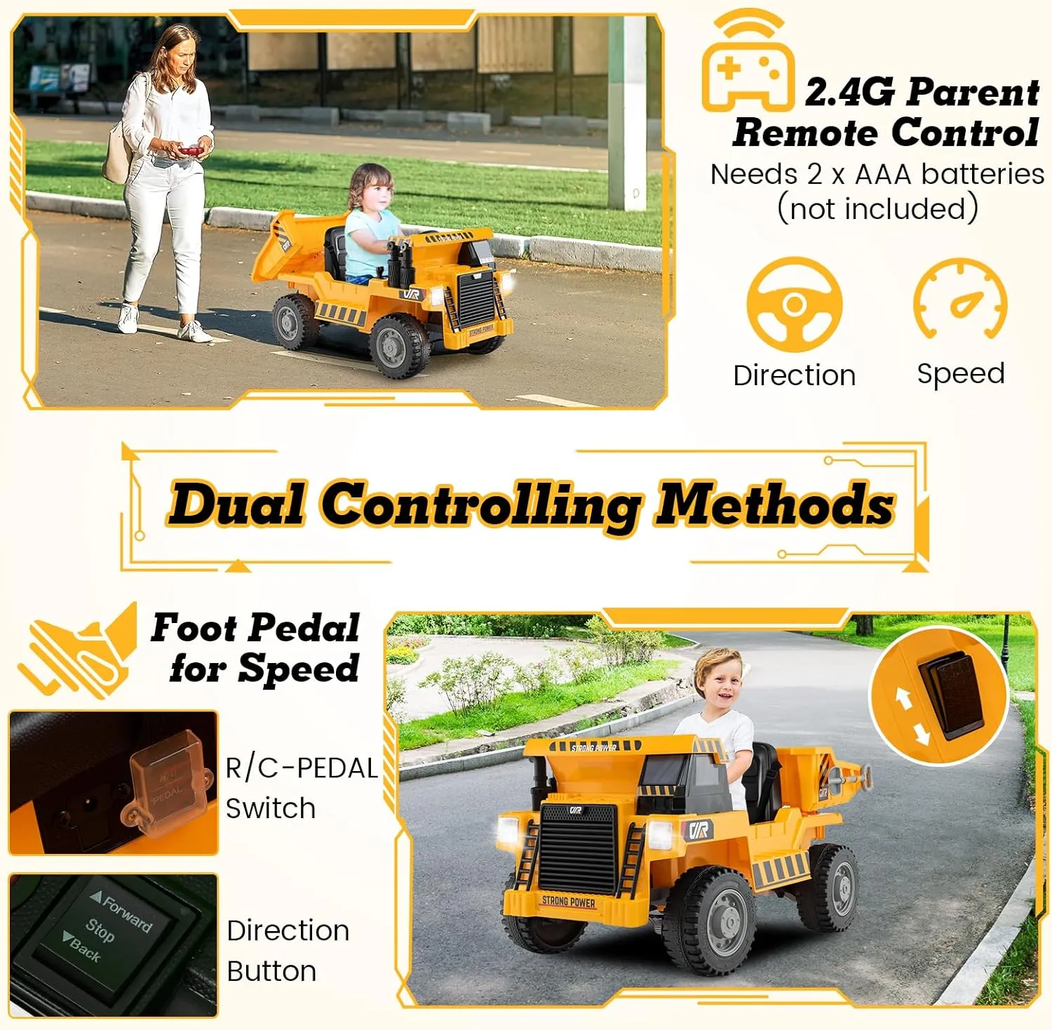 Costzon Kids Ride on Dump Truck, 12V Ride on Car w/Remote Control, Electric Dump Bed, Shovel, Treaded Wheels, Music, Story, MP3 & USB, Soft Start, 2 Speeds, Construction Vehicle for Kids (Yellow)