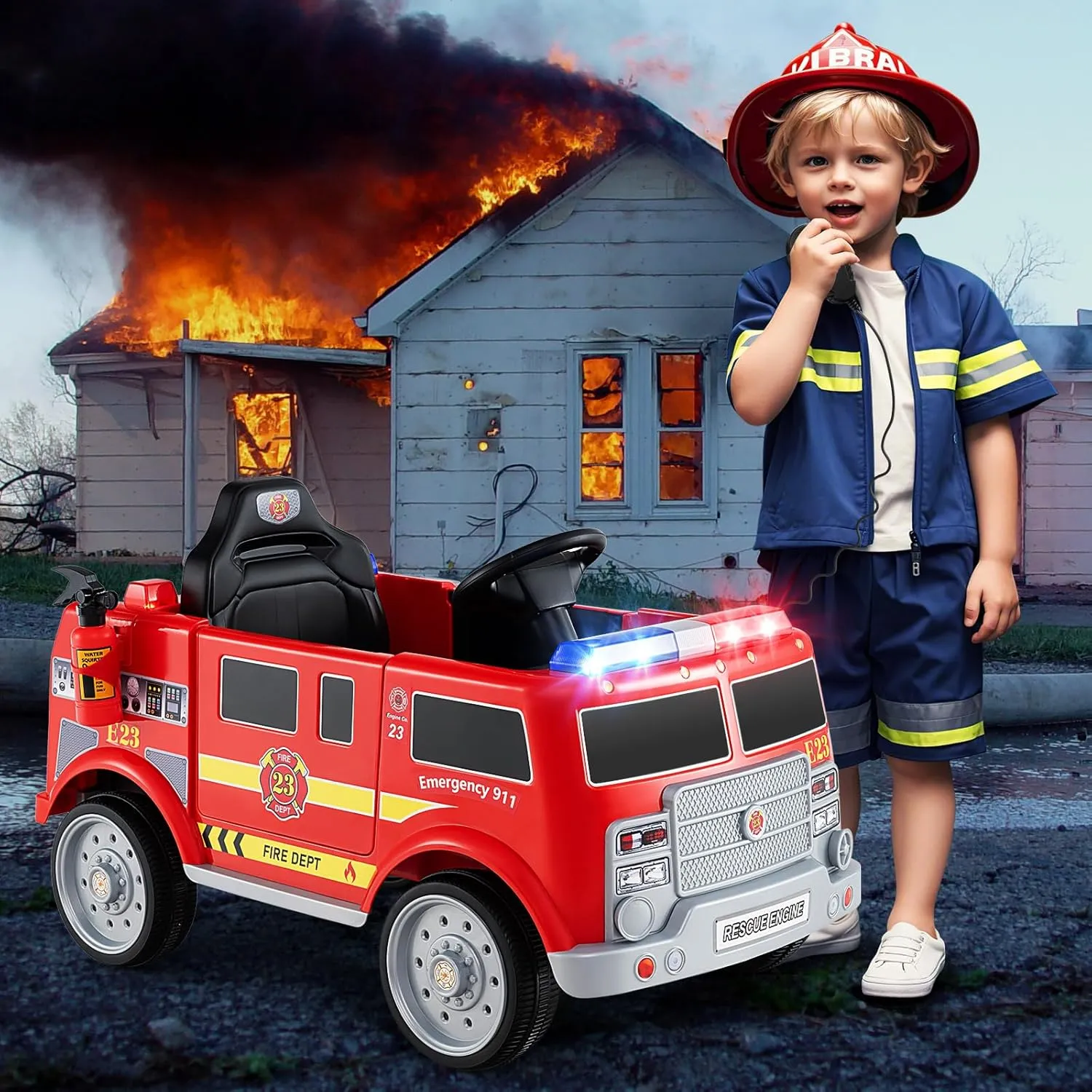 Costzon Kids Ride on Fire Truck, 12V Battery Powered Fire Car w/Remote Control, Extinguisher, Shovel, Loudspeaker, Music, Sirens, Lights & Wireless Connection, Electric Vehicle for Kids(Fire Truck)
