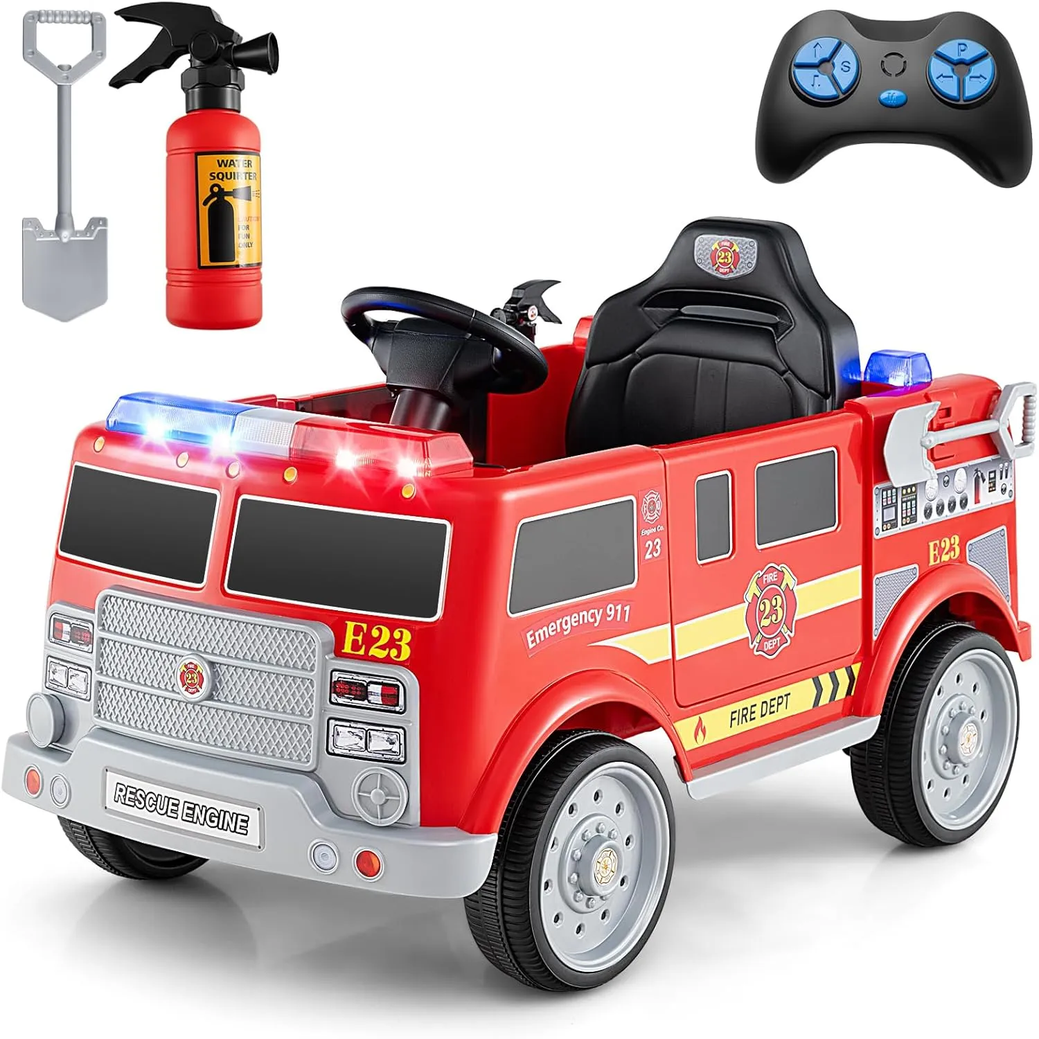 Costzon Kids Ride on Fire Truck, 12V Battery Powered Fire Car w/Remote Control, Extinguisher, Shovel, Loudspeaker, Music, Sirens, Lights & Wireless Connection, Electric Vehicle for Kids(Fire Truck)