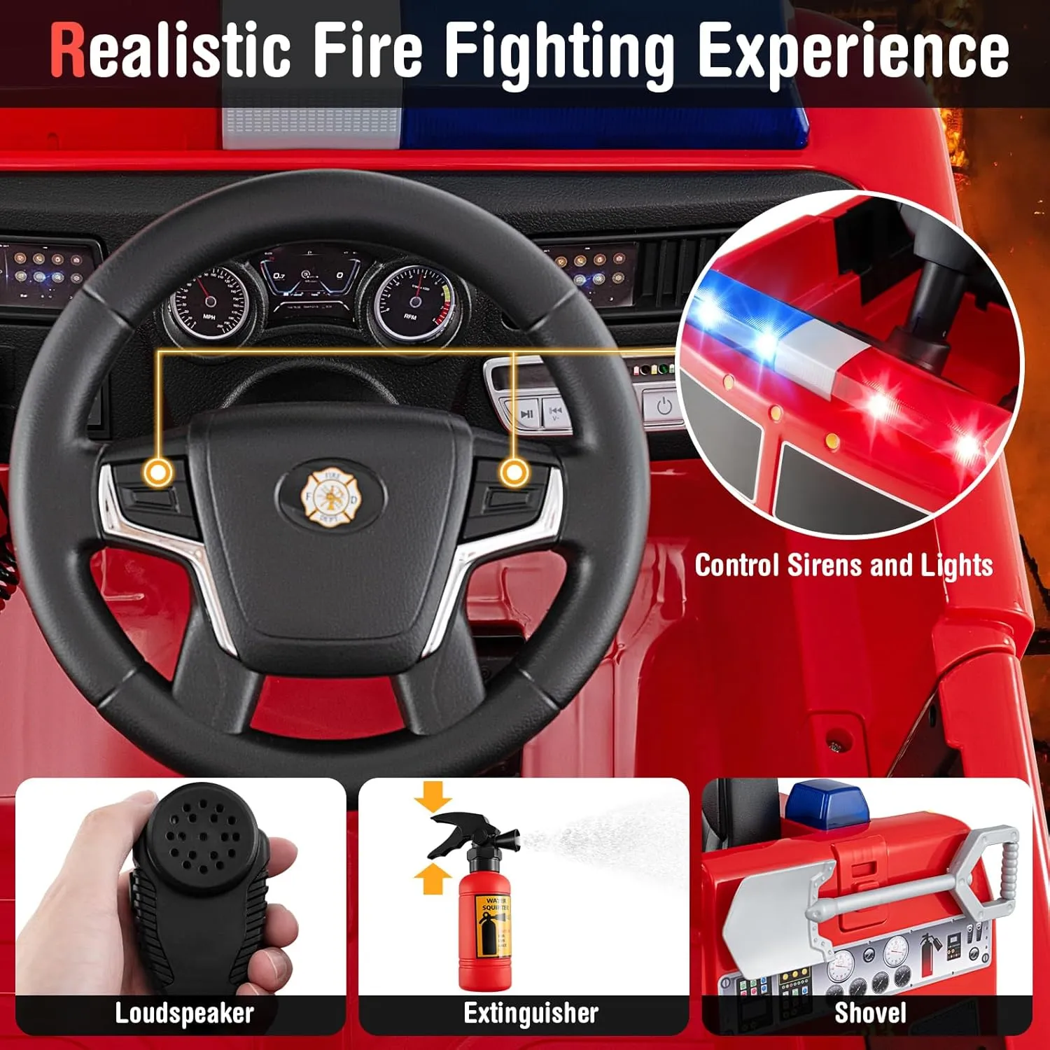 Costzon Kids Ride on Fire Truck, 12V Battery Powered Fire Car w/Remote Control, Extinguisher, Shovel, Loudspeaker, Music, Sirens, Lights & Wireless Connection, Electric Vehicle for Kids(Fire Truck)