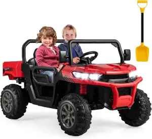Costzon Ride On Dump Truck with Remote Control, 12V Electric Kids UTV w/Electric Dump Bed, Rocking Function, Shovel, 4 Spring Suspensions, Wireless Design, 2-Seater Ride on Car Gift for Kids (Red)