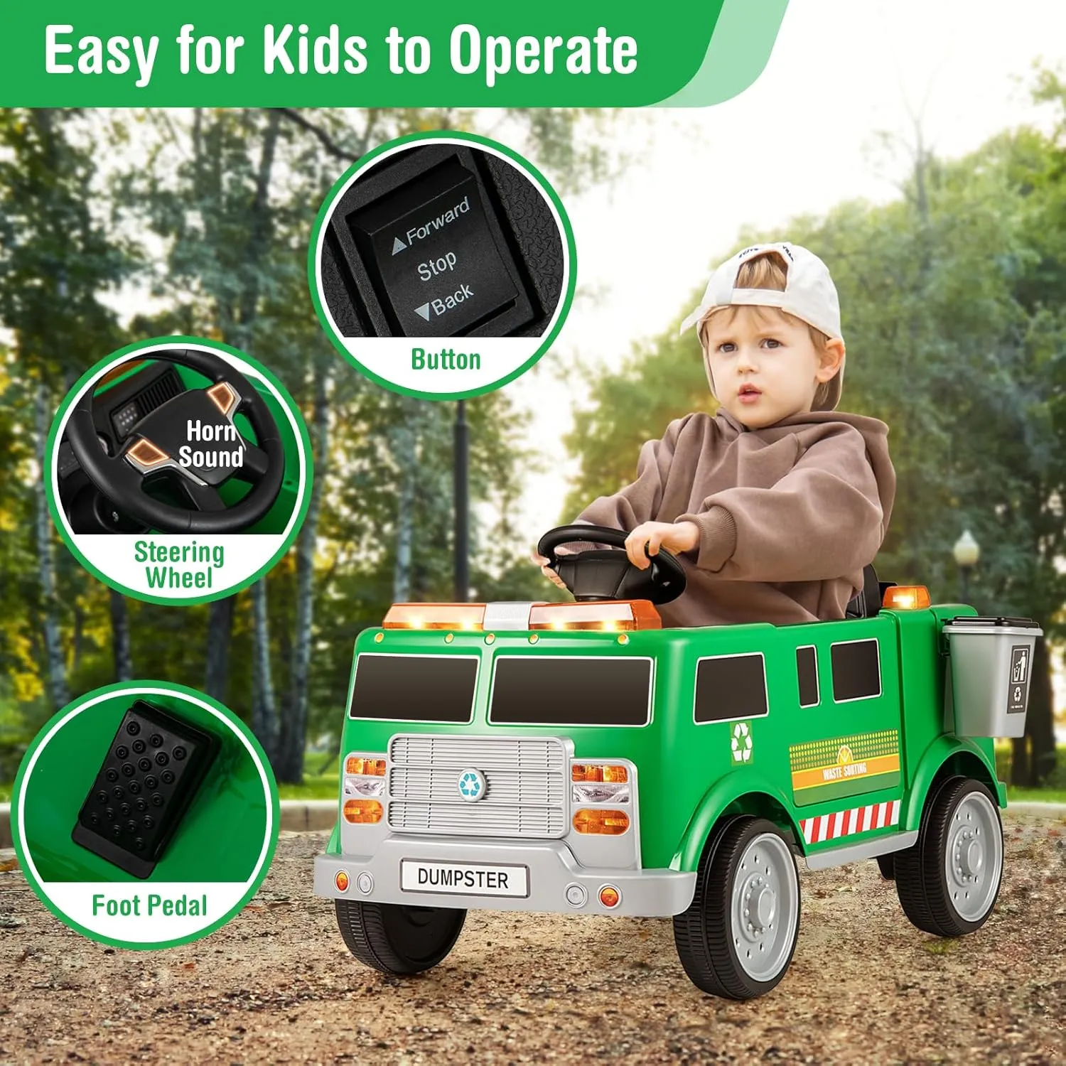 Costzon Ride on Garbage Truck, 12V Battery Powered Kids' Electric Vehicles w/Remote Control, Trash Bin/Shovel/Lights/Sound Effects/Recycle Accessories, Toddler Recycling Car for Age 3 (Garbage Truck)