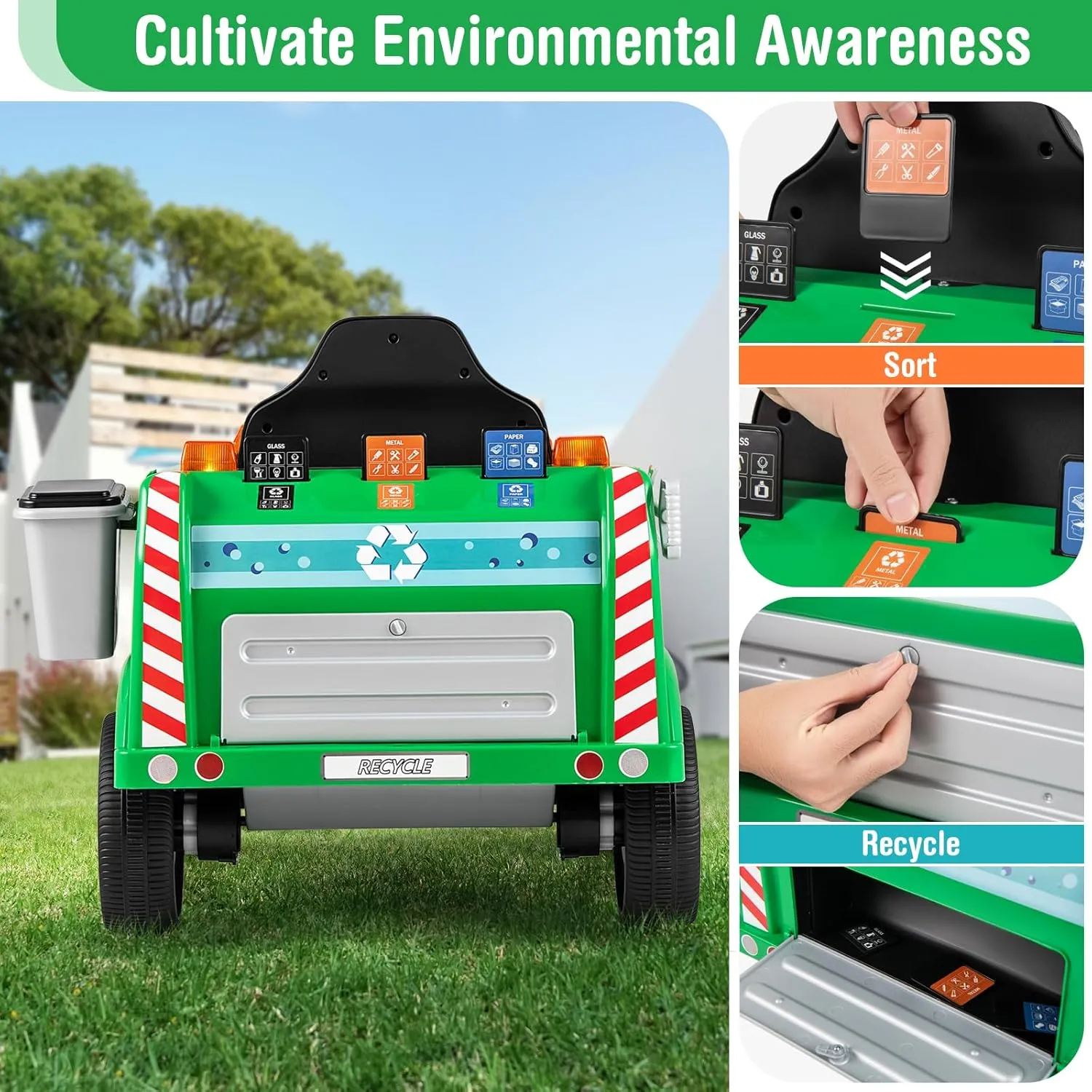 Costzon Ride on Garbage Truck, 12V Battery Powered Kids' Electric Vehicles w/Remote Control, Trash Bin/Shovel/Lights/Sound Effects/Recycle Accessories, Toddler Recycling Car for Age 3 (Garbage Truck)