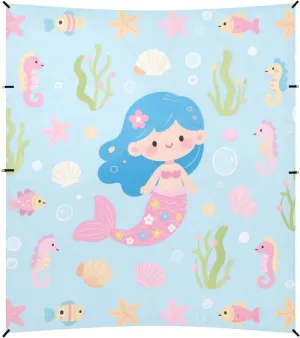 Cute Cartoon Blue Mermaid Foldable Beach Tent UPF50  Easy Setup Portable Sunshade with Sandbags, Sand Shovel, Poles for Camping, Picnics, Backyard
