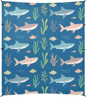 Cute Cartoon Shark Fish Foldable Beach Canopy UPF50  Waterproof Outdoor Sun Shade Includes Sand Shovel, Sandbags, Stability Poles for Backyard, Grassland, Park