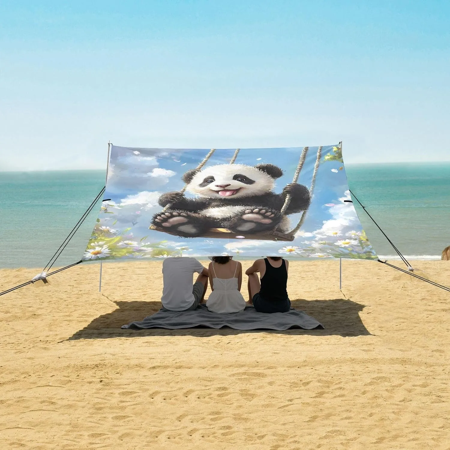 Cute Panda Swing Sky Blue Tent Beach Canopy Sun Shade Outdoor Patio Large Camping Shelter Backyard Windproof with Poles Sand Anchor 9.2 × 10.5 FT