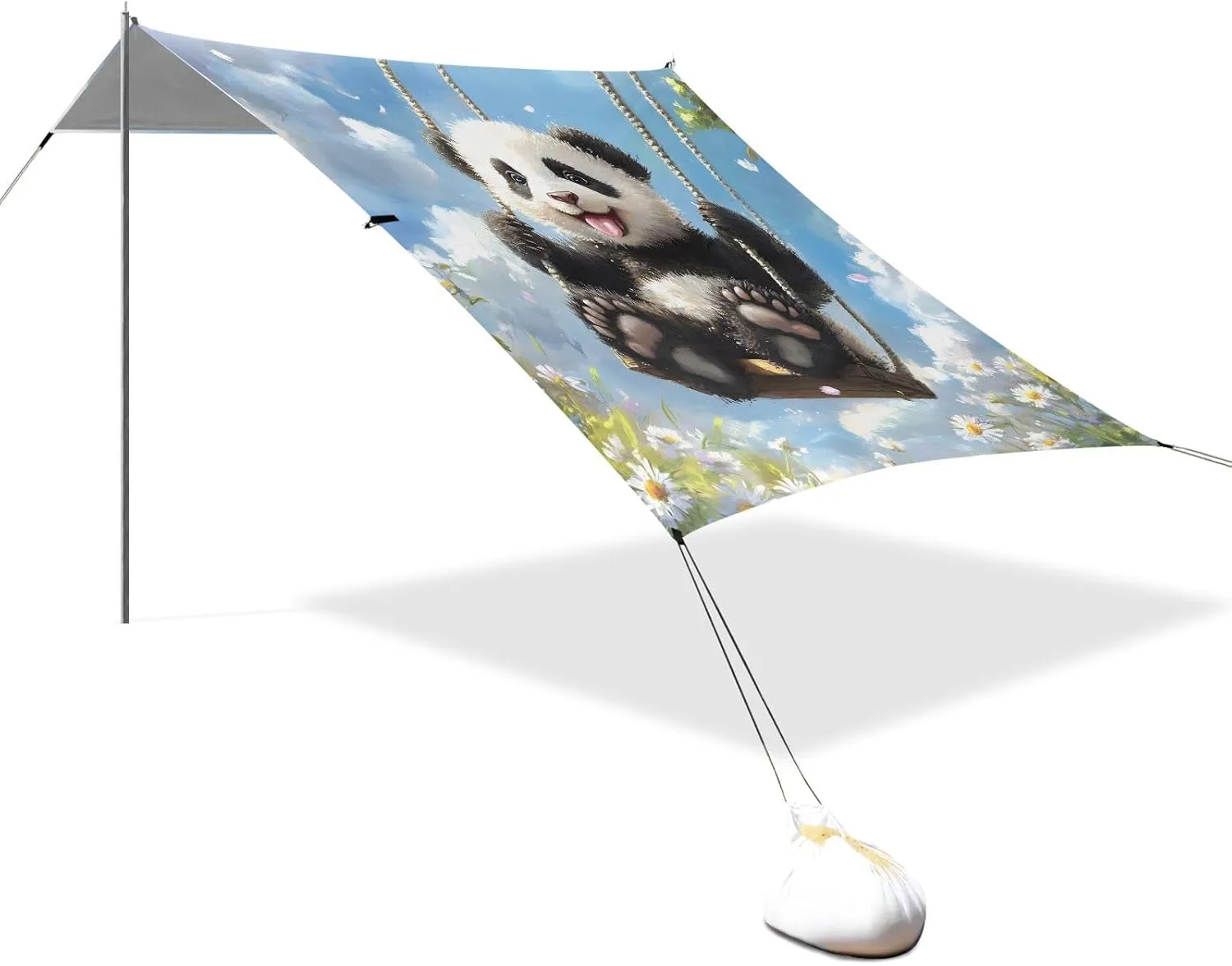 Cute Panda Swing Sky Blue Tent Beach Canopy Sun Shade Outdoor Patio Large Camping Shelter Backyard Windproof with Poles Sand Anchor 9.2 × 10.5 FT