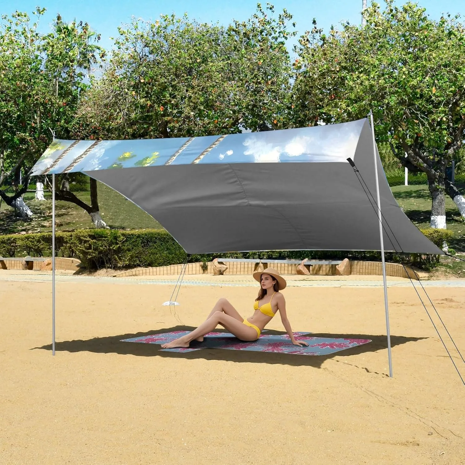 Cute Panda Swing Sky Blue Tent Beach Canopy Sun Shade Outdoor Patio Large Camping Shelter Backyard Windproof with Poles Sand Anchor 9.2 × 10.5 FT