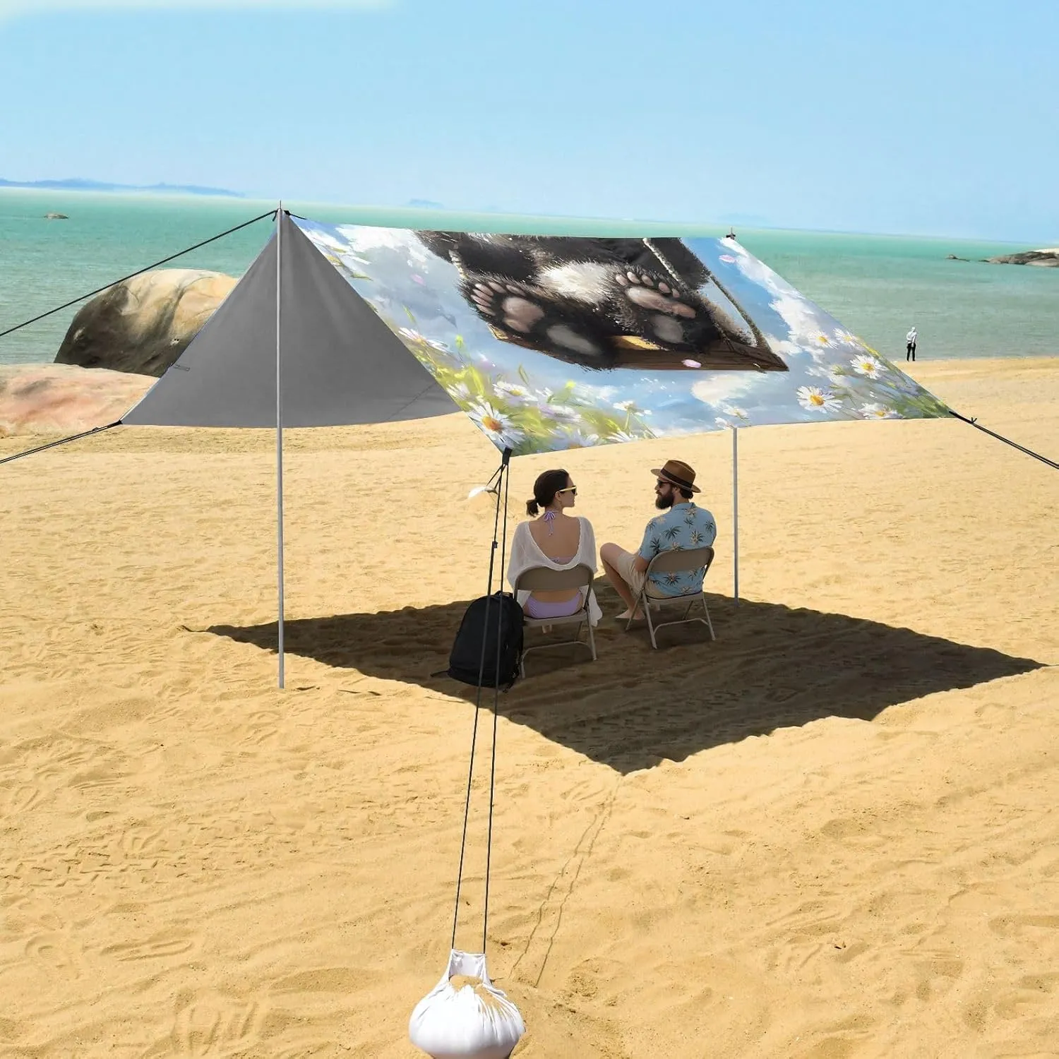 Cute Panda Swing Sky Blue Tent Beach Canopy Sun Shade Outdoor Patio Large Camping Shelter Backyard Windproof with Poles Sand Anchor 9.2 × 10.5 FT