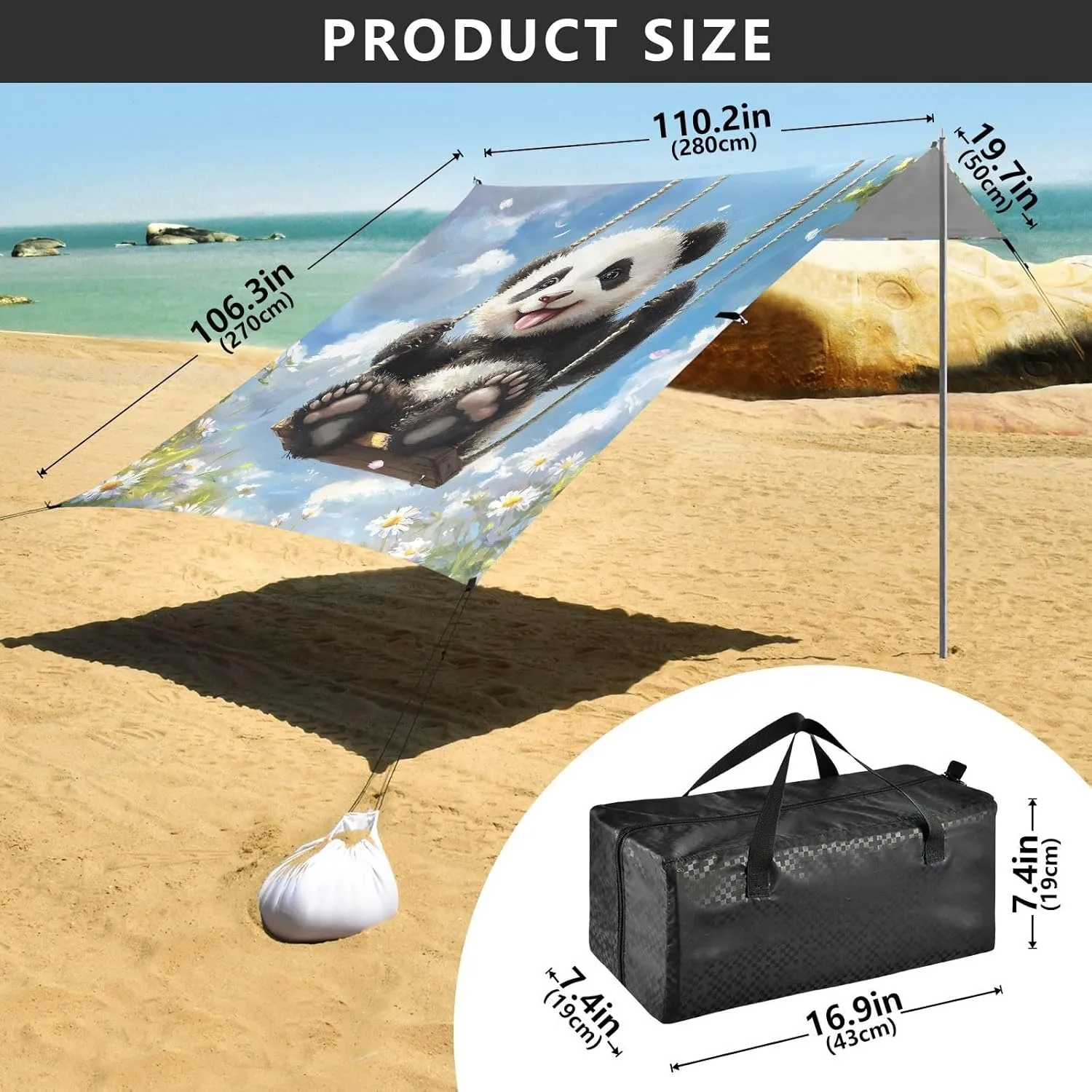Cute Panda Swing Sky Blue Tent Beach Canopy Sun Shade Outdoor Patio Large Camping Shelter Backyard Windproof with Poles Sand Anchor 9.2 × 10.5 FT