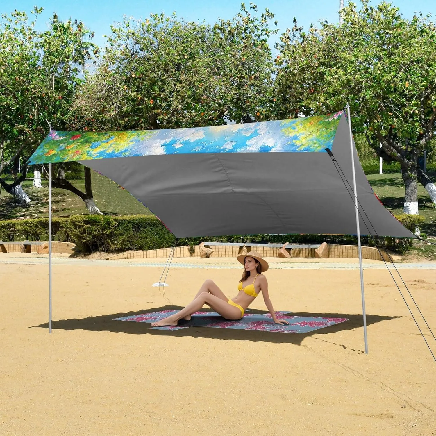 Cute Pets Colorful Floral Field Beach Canopy Tent Outdoor Patio Sun Shade Floral Camping Sun Shelter Custom Wind Sail Shade with Sand Bags Poles 9.2 × 10.5 FT