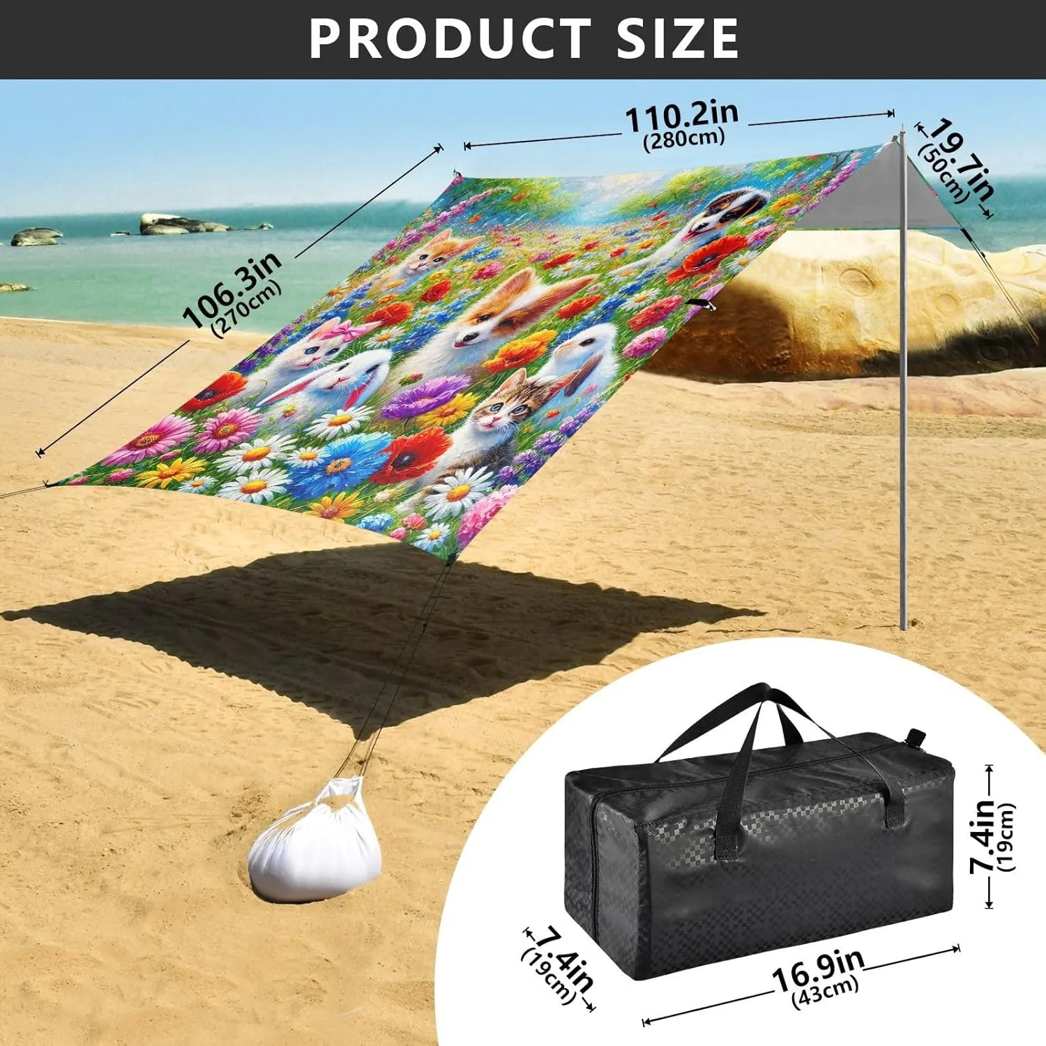 Cute Pets Colorful Floral Field Beach Canopy Tent Outdoor Patio Sun Shade Floral Camping Sun Shelter Custom Wind Sail Shade with Sand Bags Poles 9.2 × 10.5 FT