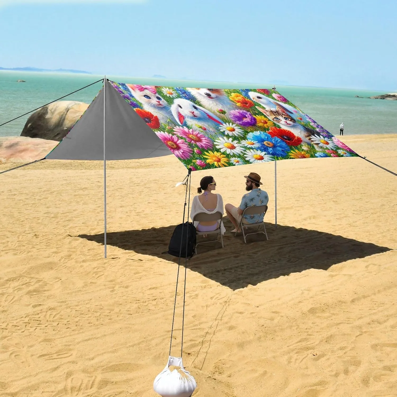Cute Pets Colorful Floral Field Beach Canopy Tent Outdoor Patio Sun Shade Floral Camping Sun Shelter Custom Wind Sail Shade with Sand Bags Poles 9.2 × 10.5 FT