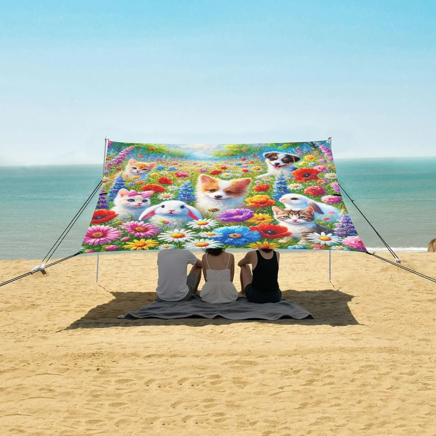 Cute Pets Colorful Floral Field Beach Canopy Tent Outdoor Patio Sun Shade Floral Camping Sun Shelter Custom Wind Sail Shade with Sand Bags Poles 9.2 × 10.5 FT