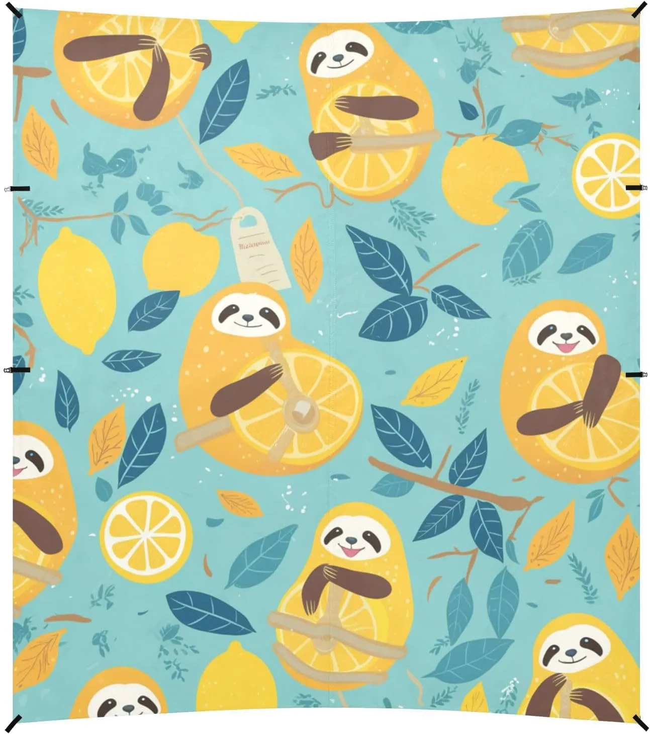 Cute Sloths on Yellow Lemons Foldable Beach Canopy UPF50  Protection Water-Resistant Outdoor Sun Shade with Sandbags and Shovel for Family Travel