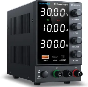 DC Power Supply Variable 0-30V 0-10A, Adjustable Switching Regulated Bench Power Supplies with Encoder Corase & Fine Knob, 3.6A USB & Type-C Quick-Charge, Overcurrent Protection(OCP)