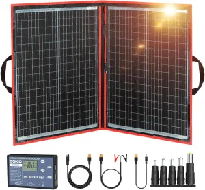 DOKIO 100w 18v Portable Foldable Solar Panel Kit (21x28inch, 5.9lb),Solar Controller 2 USB Output to Charge 12v Batteries/Power Station (AGM, Lifepo4) Rv Camping Trailer Emergency Power
