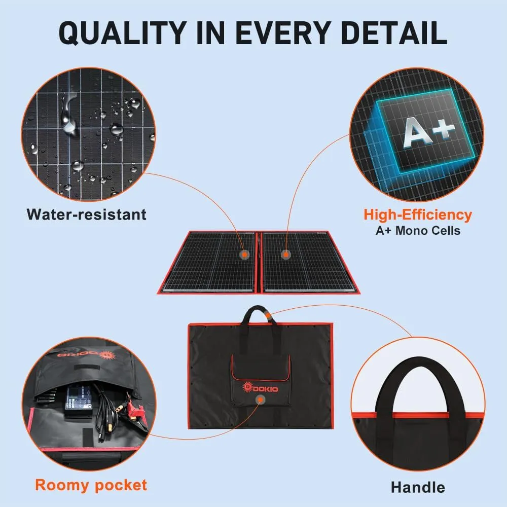 DOKIO 100w 18v Portable Foldable Solar Panel Kit (21x28inch, 5.9lb),Solar Controller 2 USB Output to Charge 12v Batteries/Power Station (AGM, Lifepo4) Rv Camping Trailer Emergency Power
