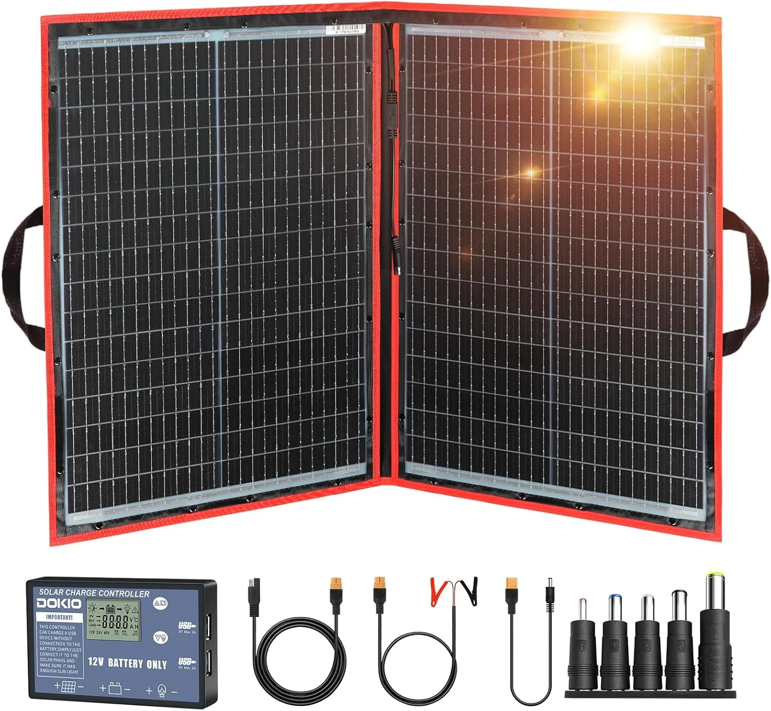 DOKIO 100w 18v Portable Foldable Solar Panel Kit (21x28inch, 5.9lb),Solar Controller 2 USB Output to Charge 12v Batteries/Power Station (AGM, Lifepo4) Rv Camping Trailer Emergency Power