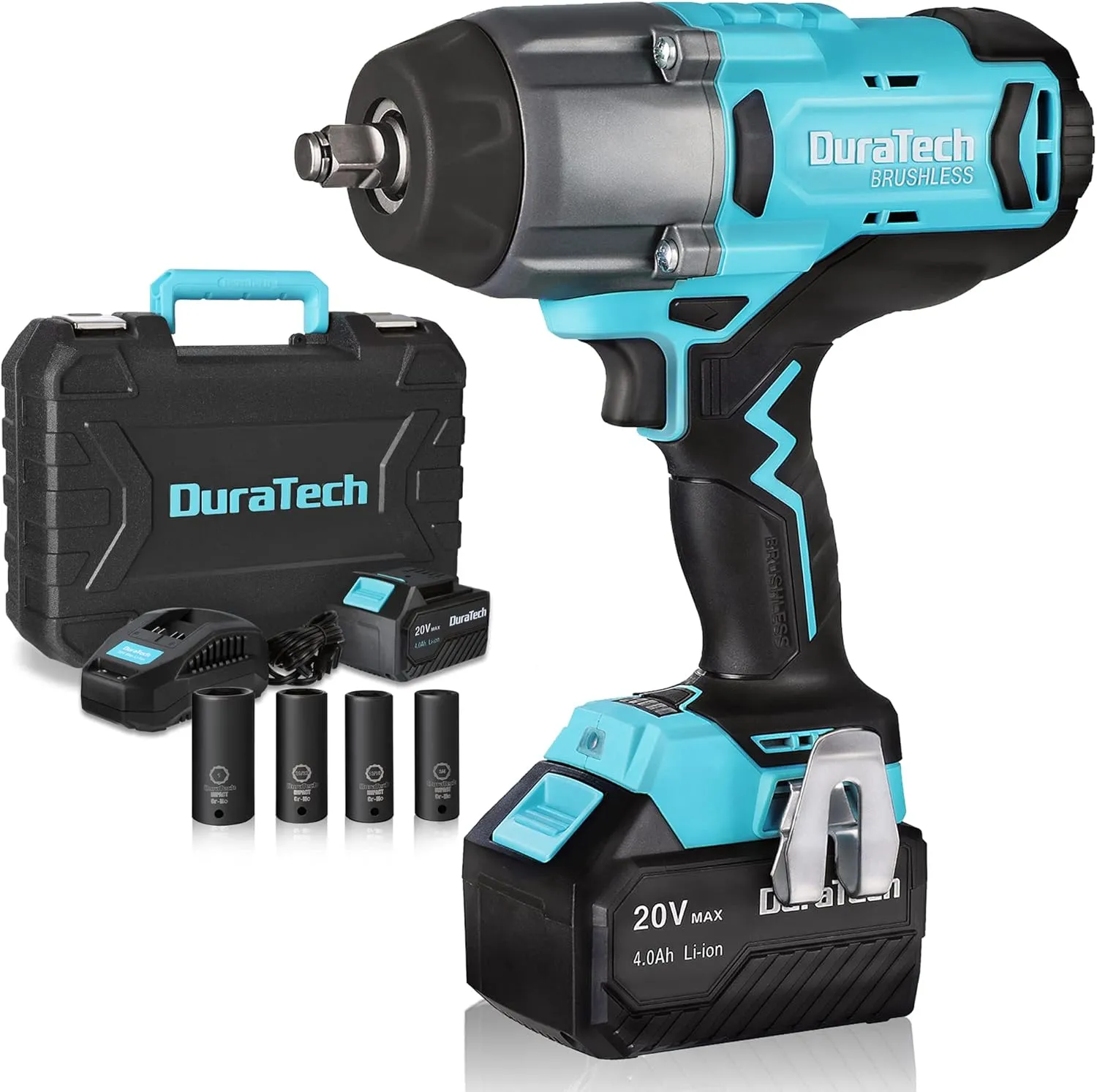 DURATECH 20V 1/2 Inch Cordless Impact Wrench, 600 Ft-Lbs, Brushless Motor, 5 Settings, Fast Charge 4.0Ah Li-ion Battery, Sockets Included