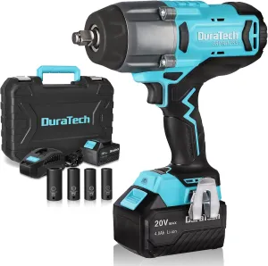 DURATECH 20V 1/2 Inch Cordless Impact Wrench, 600 Ft-Lbs, Brushless Motor, 5 Settings, Fast Charge 4.0Ah Li-ion Battery, Sockets Included
