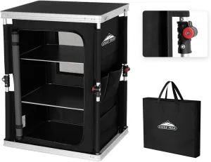 EAGLE PEAK Outdoor Folding Camping Table with Large 3-Tier Storage Organizer and Side Pockets, Easy Set Up Portable Aluminum Camping Kitchen, Black