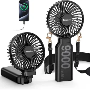 EasyAcc Portable Handheld Fan, Hands-Free Neck Fan 90000mAh Rechargeable [53H Cooling Time  Camera Strap] -Backup Power/4 Speeds - Neck Fan Small Desk Fan Electric Fan for Travel Outdoor Home Black