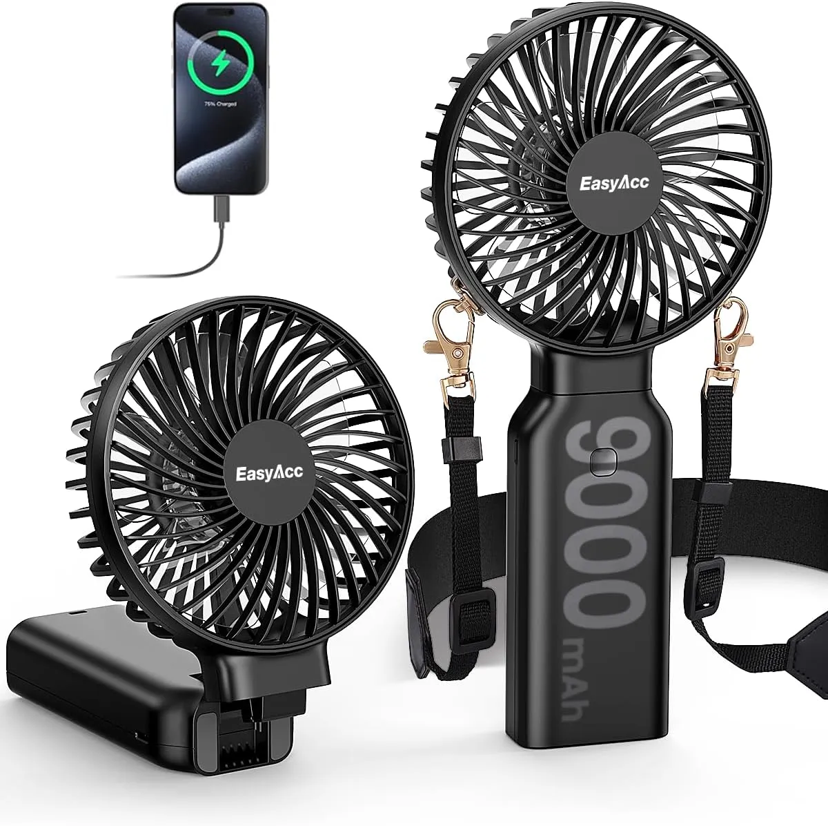 EasyAcc Portable Handheld Fan, Hands-Free Neck Fan 90000mAh Rechargeable [53H Cooling Time  Camera Strap] -Backup Power/4 Speeds - Neck Fan Small Desk Fan Electric Fan for Travel Outdoor Home Black