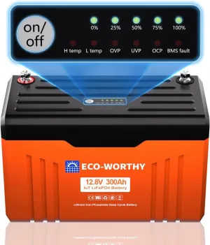 ECO-WORTHY 12V 300AH ​LiFePO4 Lithium Battery Bluetooth with SOC LEDs, Low Temp Protection, 3840WH, 200A BMS Up to 15000 Deep Cycle for Off-Grid, RV, Solar Power System, HomeBackup