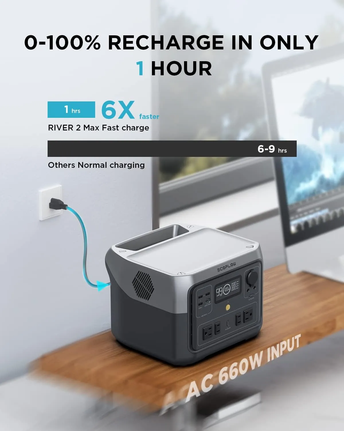 EF ECOFLOW Portable Power Station RIVER 2 Max, 512Wh LiFePO4 Battery/ 1 Hour Fast Charging, Up To 1000W Output Solar Generator (Solar Panel Optional) for Outdoor Camping/RVs/Home Use Black