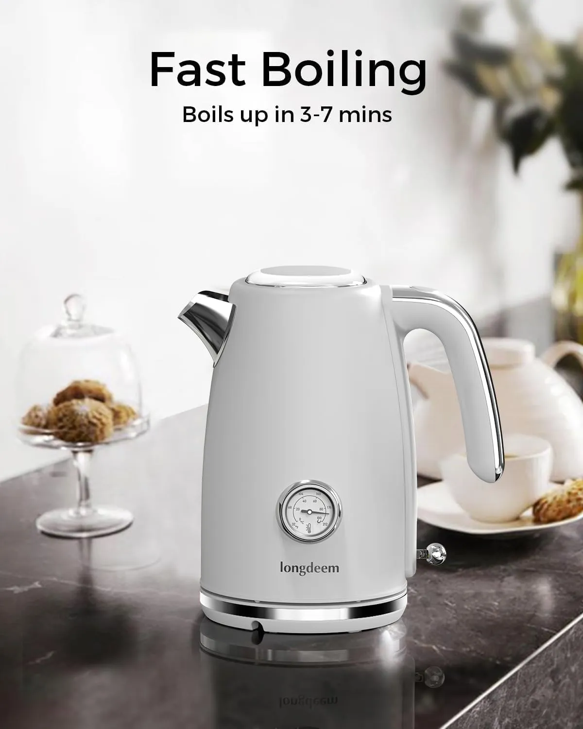 Electric Kettle Quick Heating, Hot Tea Water Boiler with Thermometer 1.7L Stainless Steel Cordless LED Indicator 1500W, Auto Shut Off & Boil Dry Protection, Easy to Clean, White