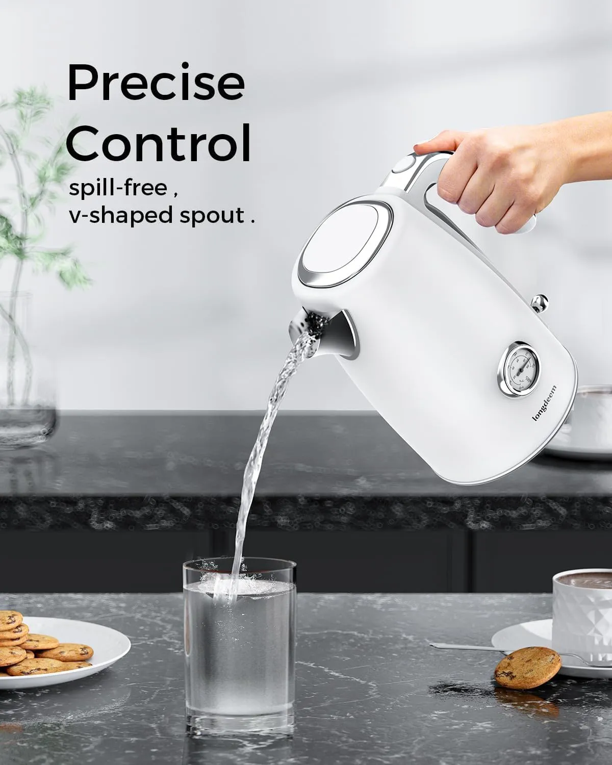 Electric Kettle Quick Heating, Hot Tea Water Boiler with Thermometer 1.7L Stainless Steel Cordless LED Indicator 1500W, Auto Shut Off & Boil Dry Protection, Easy to Clean, White