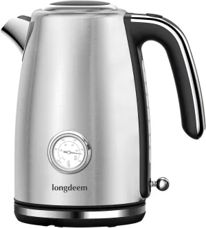 Electric Kettle Quick Heating, Hot Tea Water Boiler with Thermometer 1.7L Stainless Steel Cordless LED Indicator 1500W, Auto Shutoff & Boil Dry Protection, Easy to Clean, Silver