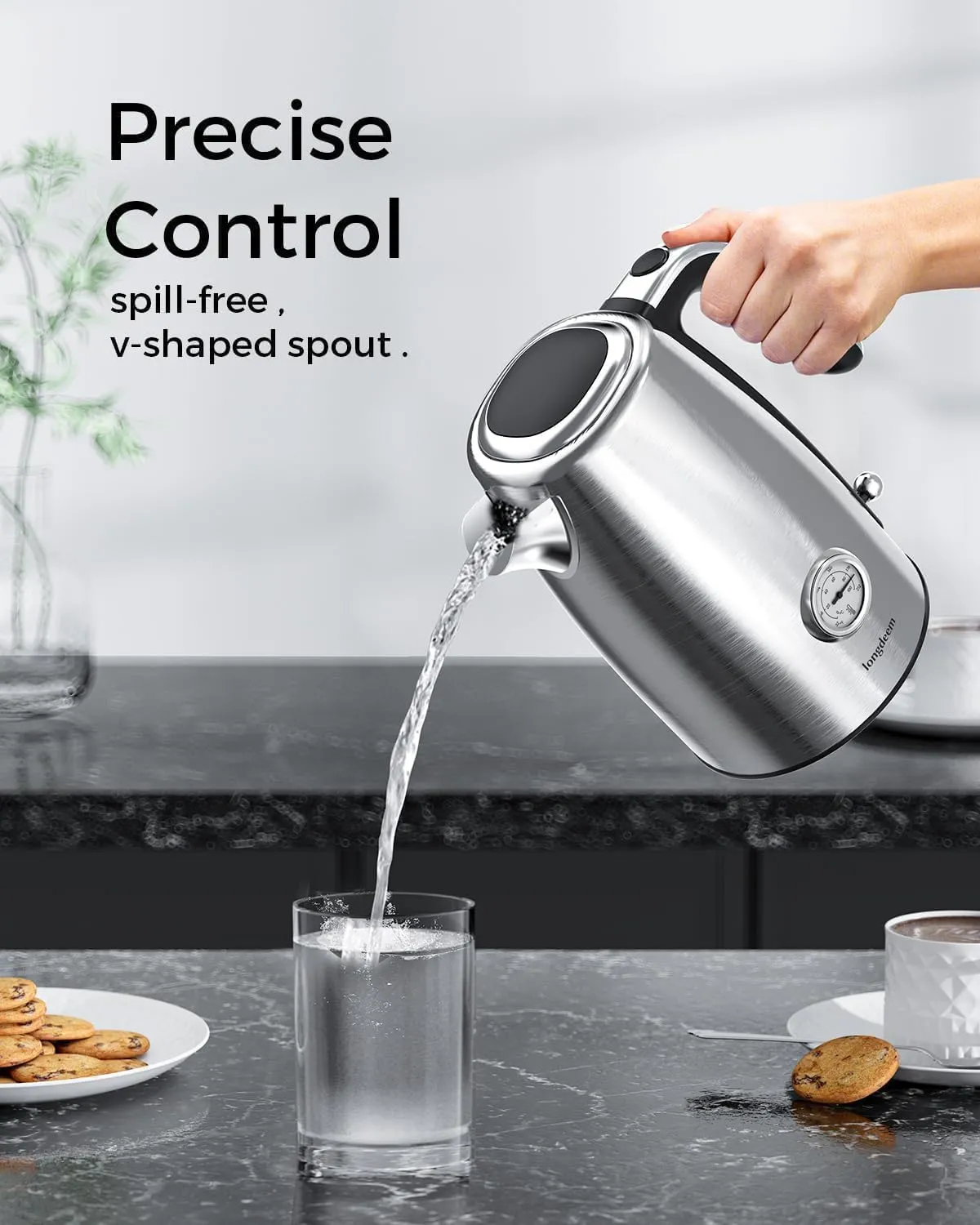 Electric Kettle Quick Heating, Hot Tea Water Boiler with Thermometer 1.7L Stainless Steel Cordless LED Indicator 1500W, Auto Shutoff & Boil Dry Protection, Easy to Clean, Silver