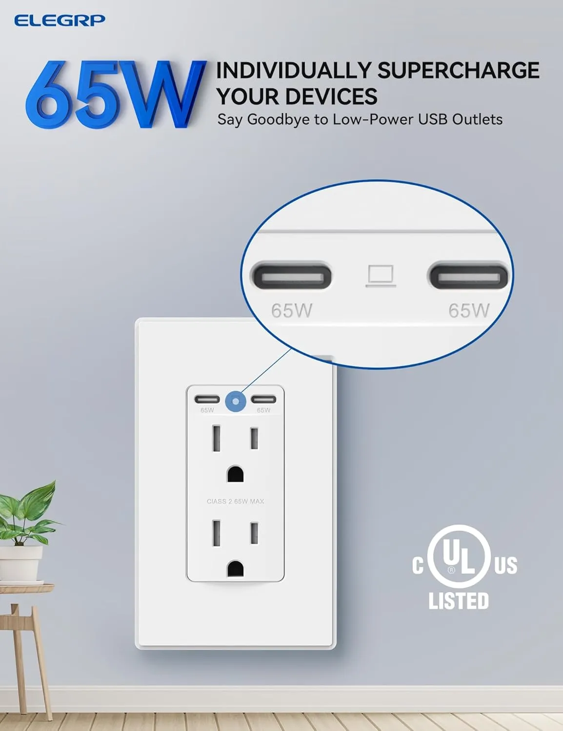 ELEGRP 65W Ultra-Speed USB C Outlet Receptacle for Laptop, 15 Amp Wall Outlet with USB C Ports, Tamper Resistant USB Outlet, Wall Plate Included, UL Listed, 1 Pack, Matte White