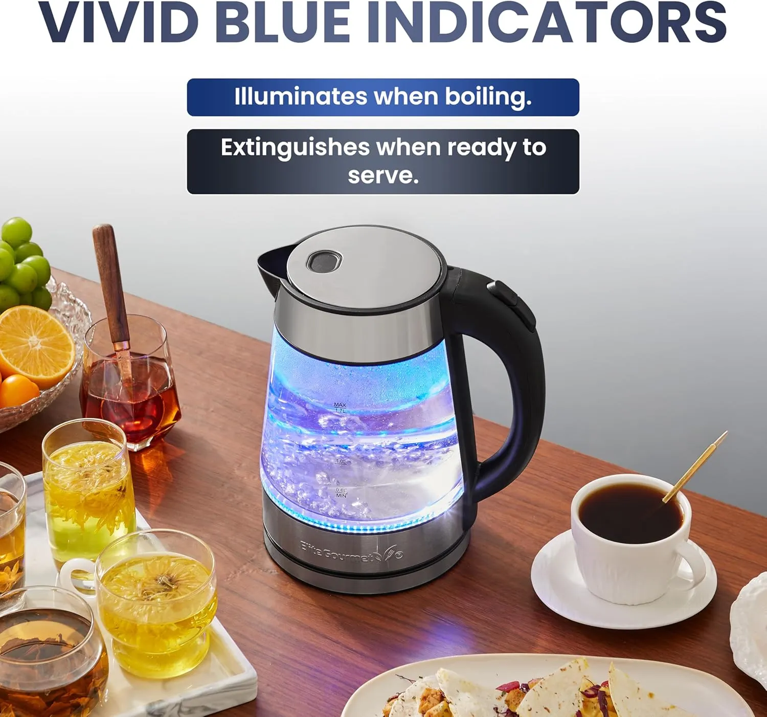 Elite Gourmet EKT-602 Electric BPA-Free Glass Kettle, Cordless 360° Base, Stylish Blue LED Interior, Handy Auto Shut-Off Function – Quickly Boil Water For Tea & More