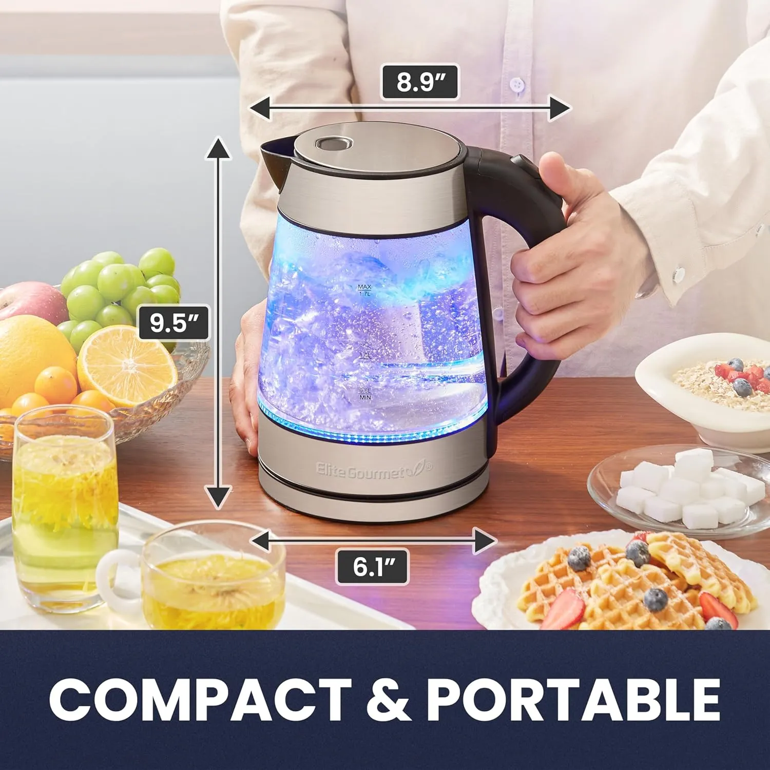 Elite Gourmet EKT-602 Electric BPA-Free Glass Kettle, Cordless 360° Base, Stylish Blue LED Interior, Handy Auto Shut-Off Function – Quickly Boil Water For Tea & More
