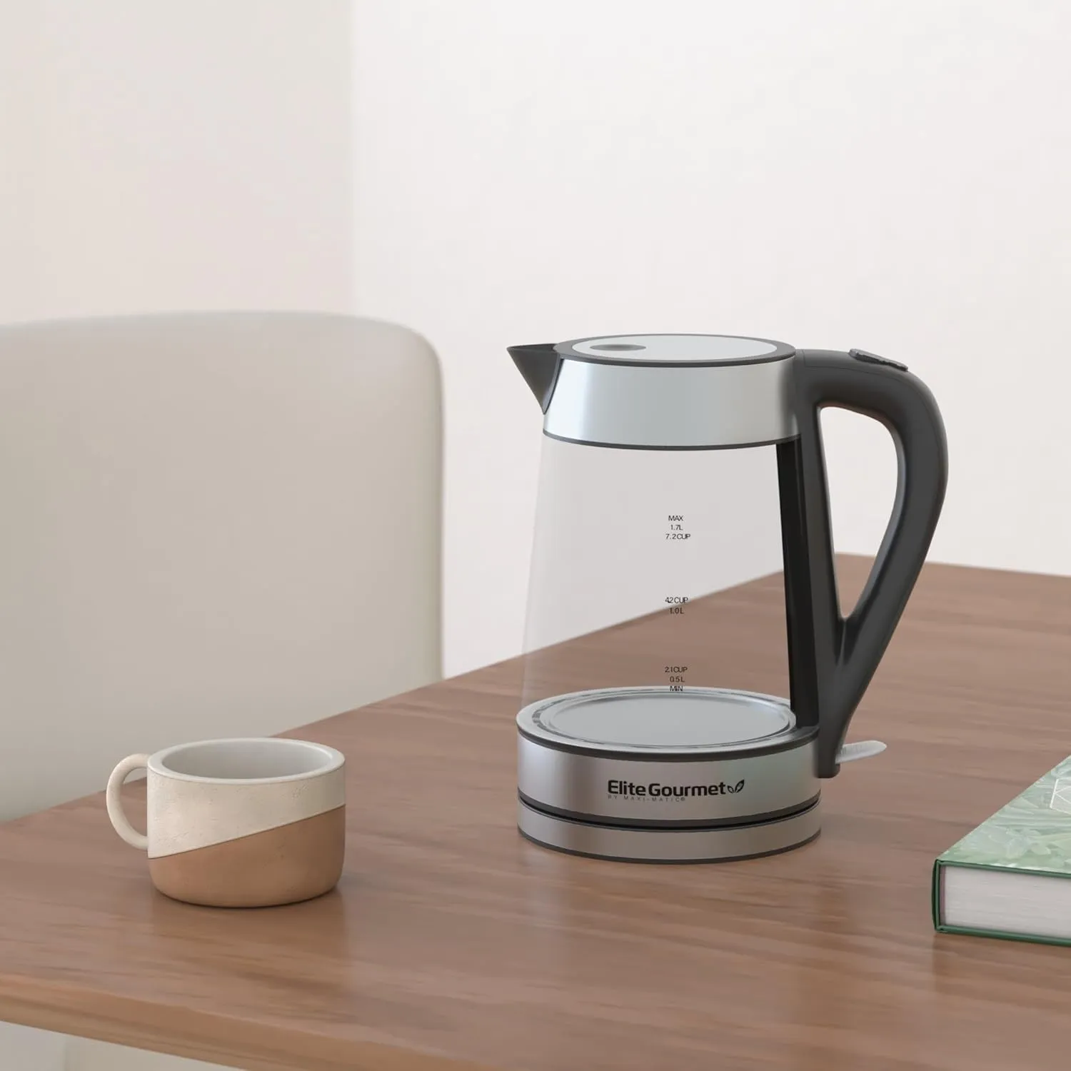 Elite Gourmet EKT-602 Electric BPA-Free Glass Kettle, Cordless 360° Base, Stylish Blue LED Interior, Handy Auto Shut-Off Function – Quickly Boil Water For Tea & More