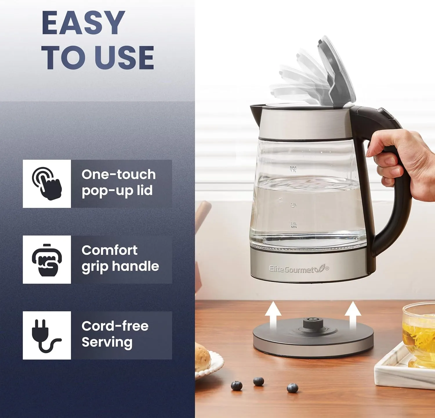 Elite Gourmet EKT-602 Electric BPA-Free Glass Kettle, Cordless 360° Base, Stylish Blue LED Interior, Handy Auto Shut-Off Function – Quickly Boil Water For Tea & More
