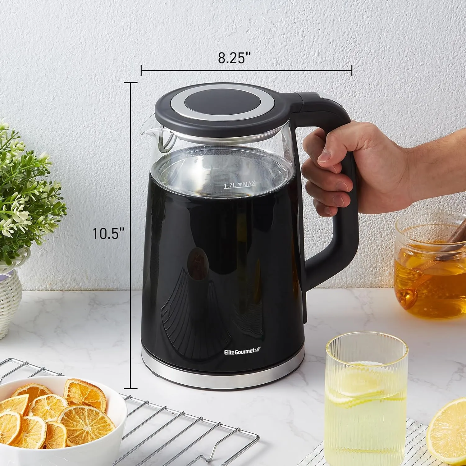 Elite Gourmet EKT8717 1.7L Dual Wall Cool Touch Electric Tea Kettle, Borosilicate Glass, 304 Stainless Steel Interior, Programmed Digital Touchscreen, Keep Warm, Auto Off & Audible Indicator, Black