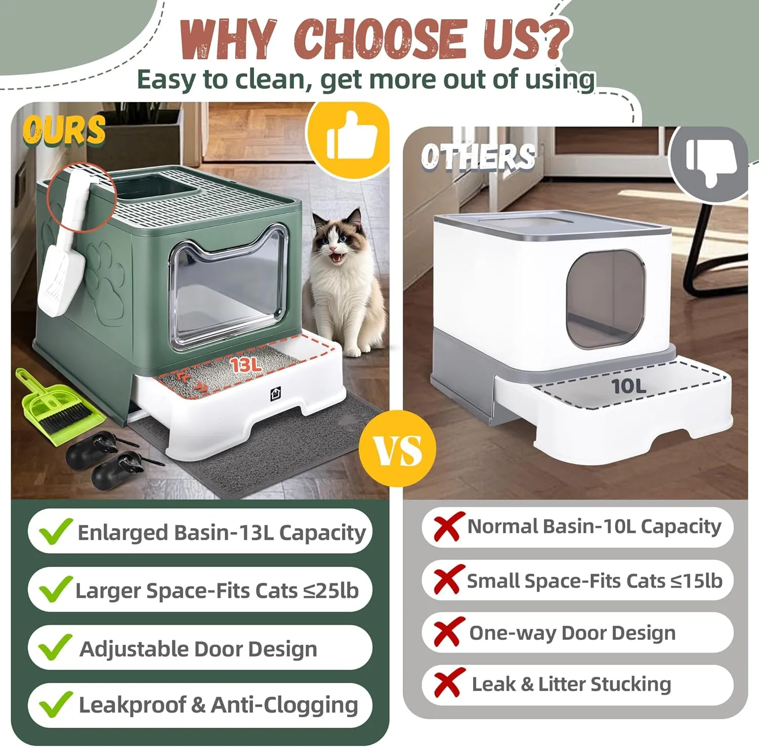 Enclosed Cat Litter Box with Lid Foldable Potty,Drawer Type Extra Large Cover Litter Box with Mat, Kitty Free in and Out/One-Way,Odor Control Anti-Splashing Easy Cleaning (Green)