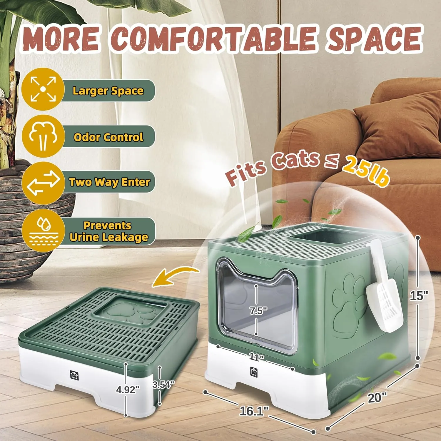 Enclosed Cat Litter Box with Lid Foldable Potty,Drawer Type Extra Large Cover Litter Box with Mat, Kitty Free in and Out/One-Way,Odor Control Anti-Splashing Easy Cleaning (Green)