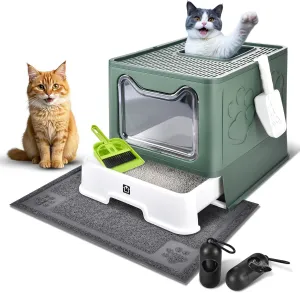 Enclosed Cat Litter Box with Lid Foldable Potty,Drawer Type Extra Large Cover Litter Box with Mat, Kitty Free in and Out/One-Way,Odor Control Anti-Splashing Easy Cleaning (Green)