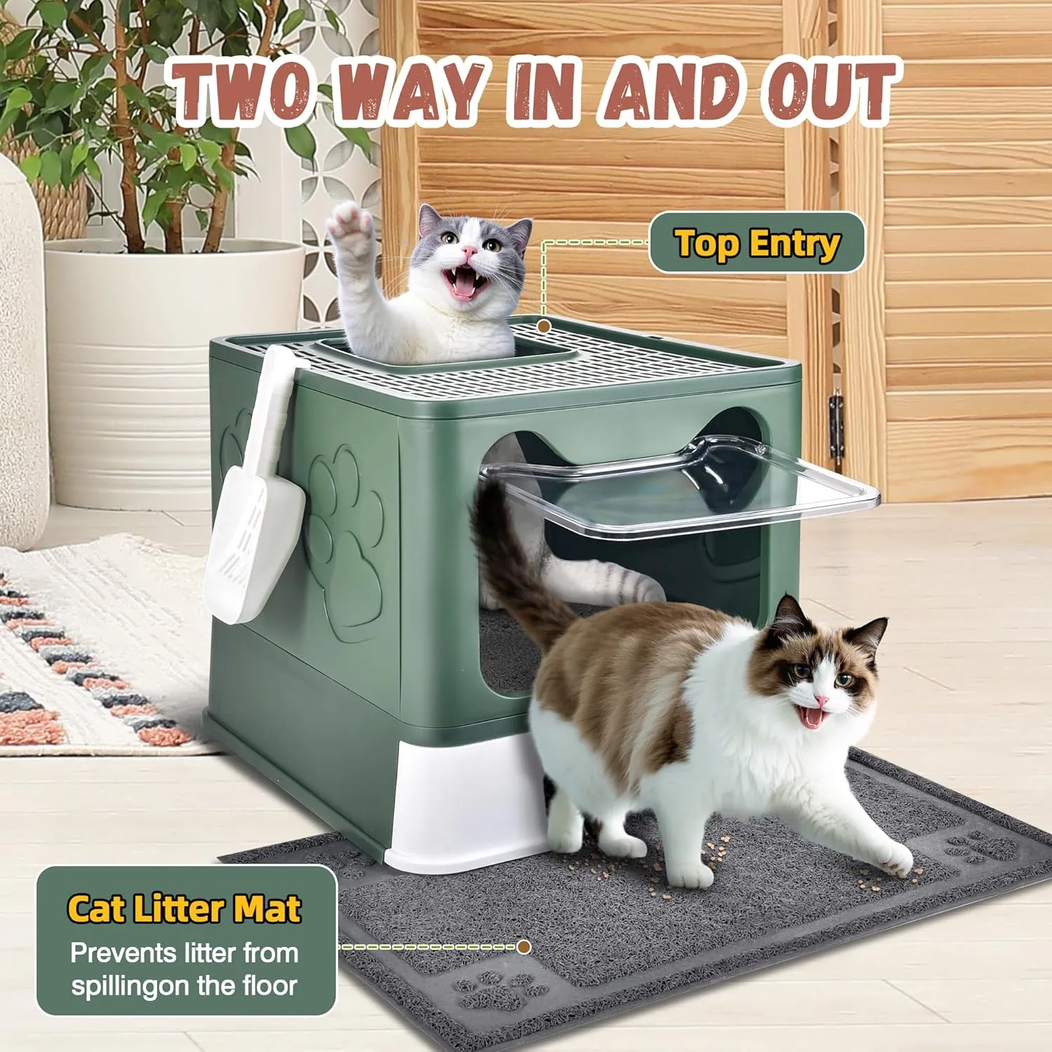 Enclosed Cat Litter Box with Lid Foldable Potty,Drawer Type Extra Large Cover Litter Box with Mat, Kitty Free in and Out/One-Way,Odor Control Anti-Splashing Easy Cleaning (Green)