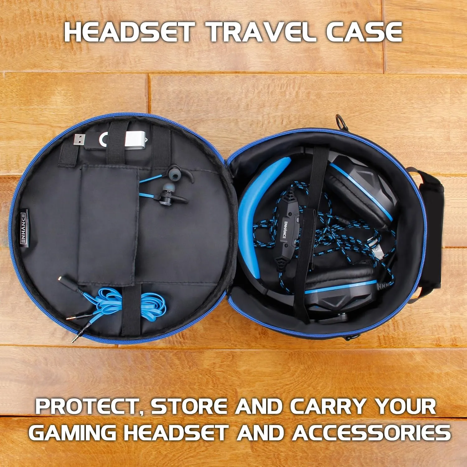 ENHANCE Portable Headphone Case for Wired & Wireless Headsets - Universal Headset Case Compatible with PlayStation, Beats, Bose & Gaming Headphones - Accessory Storage, Strap & Carrying Handle - Blue